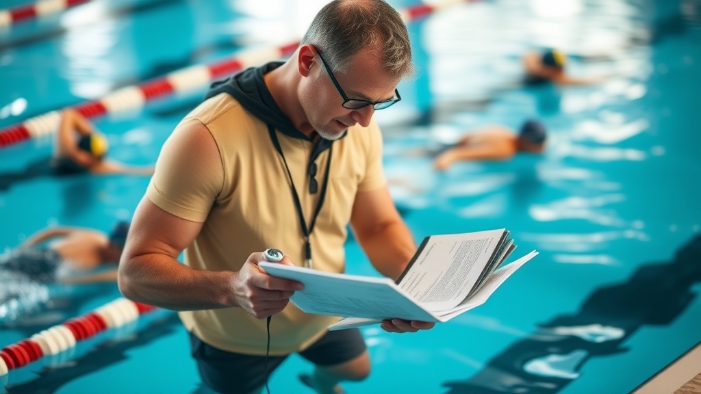 수영장 레인 옆에서 스톱워치와 데이터 시트를 활용해 스트로크 효율을 분석하는 코치의 모습