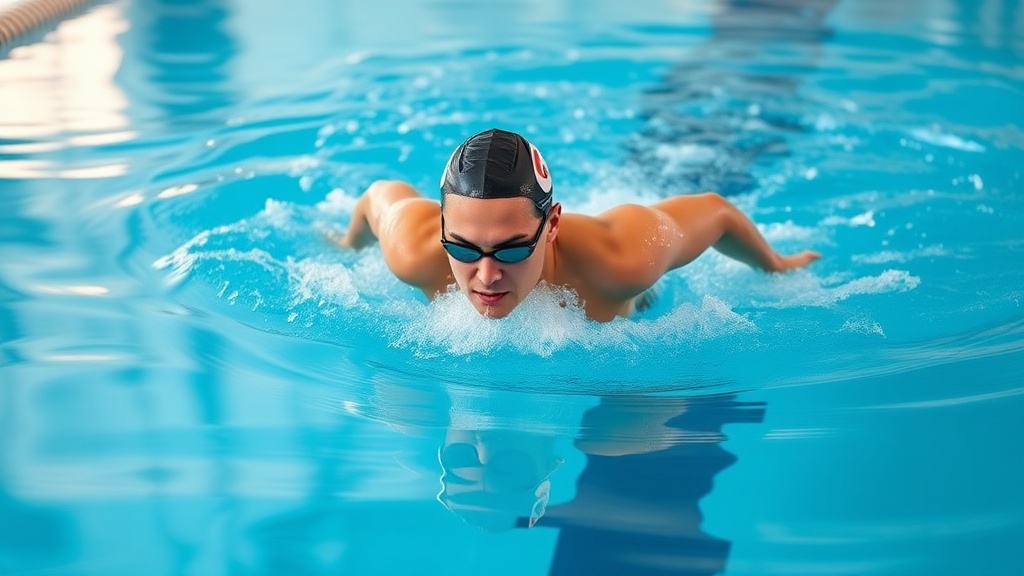 수영장에서 수영 선수가 캐치업 드릴을 통해 스트로크의 정렬을 맞추고 있는 모습
