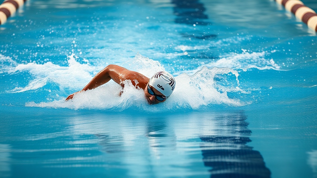 푸른 수영장 레인 위에서 자유형을 하며 물살을 가르는 수영 선수의 역동적인 모습