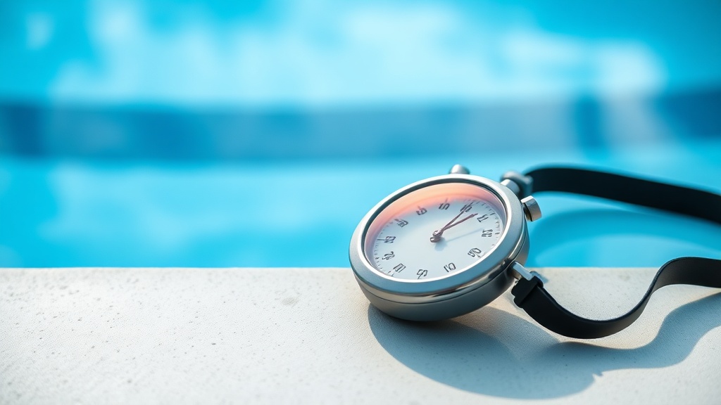 수영장 데크 위에 놓인 초시계와 수경을 통해 기록 측정과 효율성 분석의 중요성을 나타내는 장면